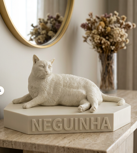 Escultura LumoraPet — gato bege em base hexagonal personalizada
